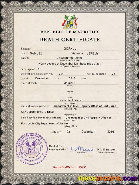 Mauritius vital record death certificate